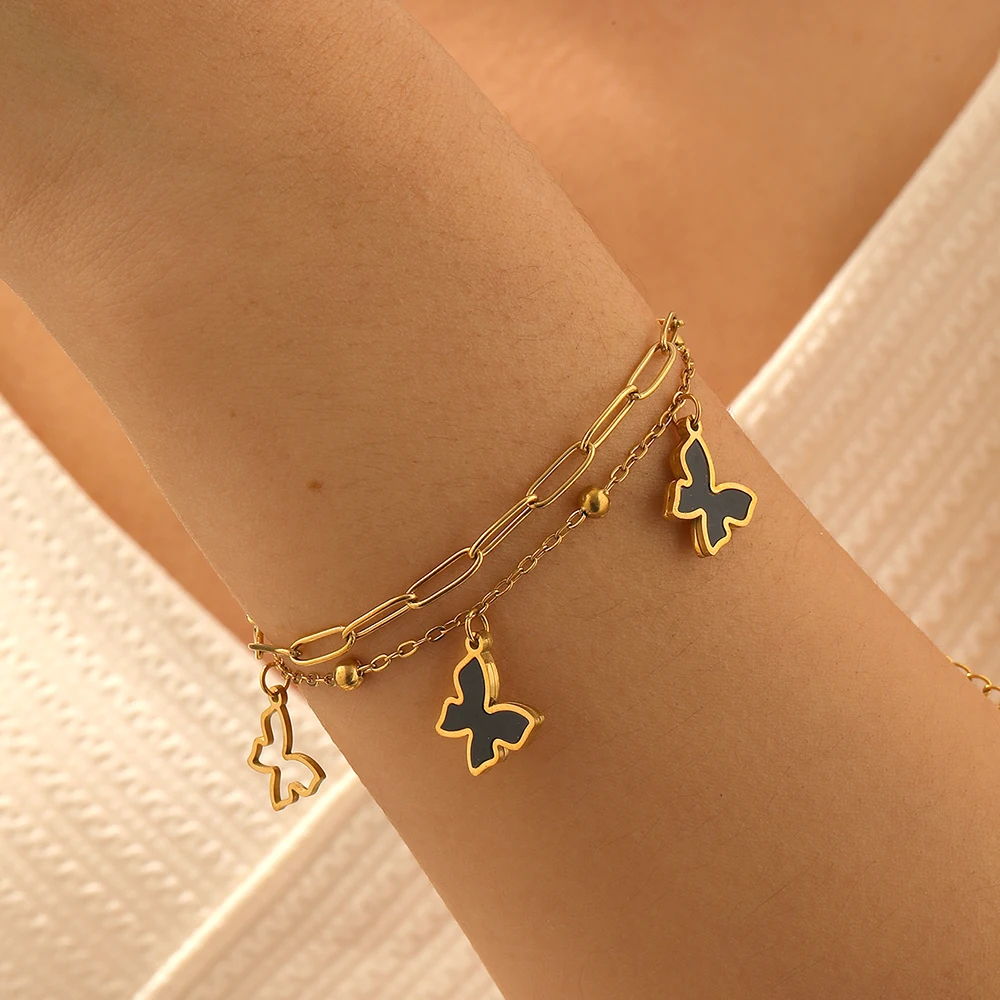 316L Edelstahl Schwarzes Acryl-Einlegeblatt Hohles Schmetterling-Doppelschicht-Armband für Damen Klassischer Nicht-Verblassender Schmuck Geschenke