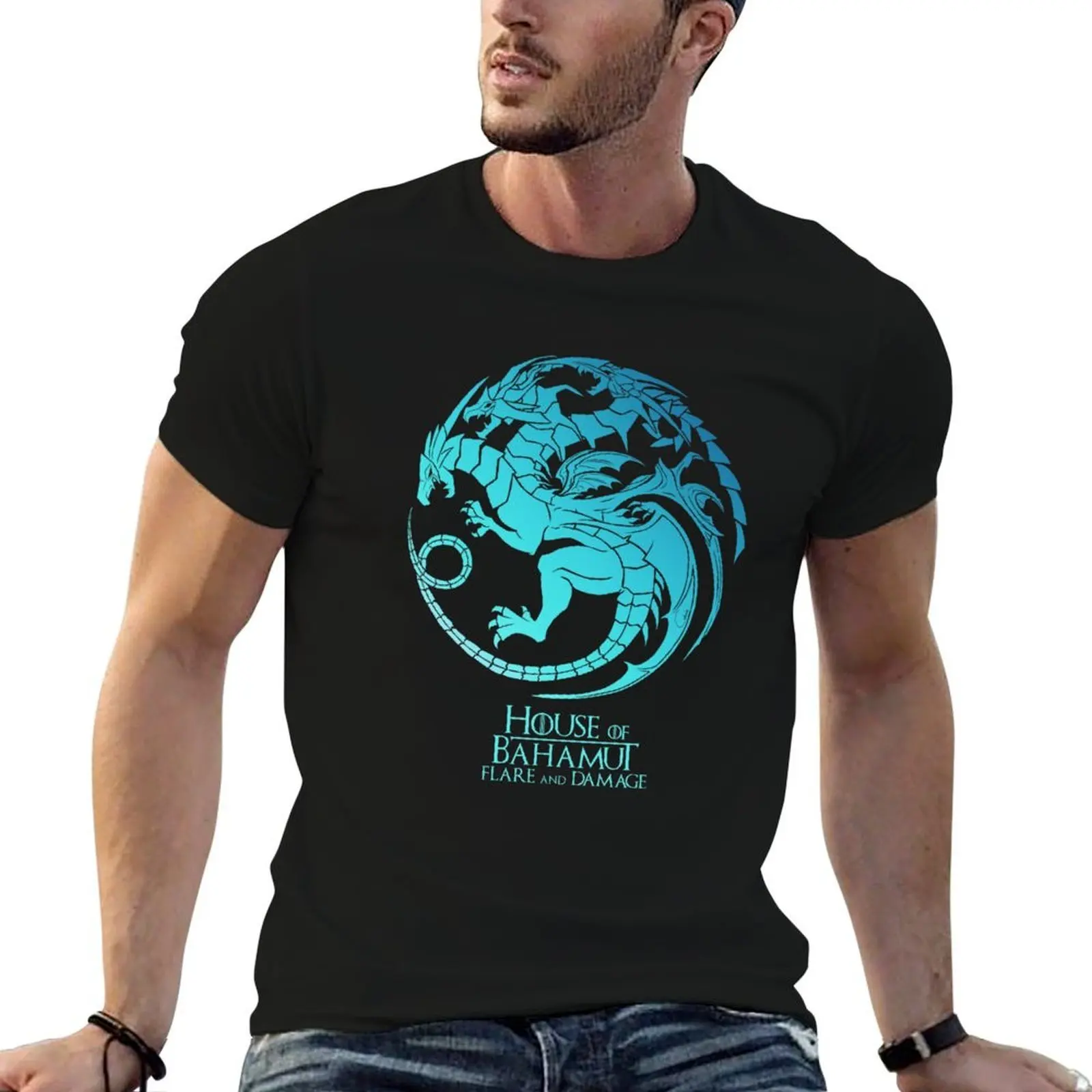 

House of Bahamut. Flare and Damage (grey turquoise). T-Shirt t shirt man designer men t shirt cotton 100% T-Shirt