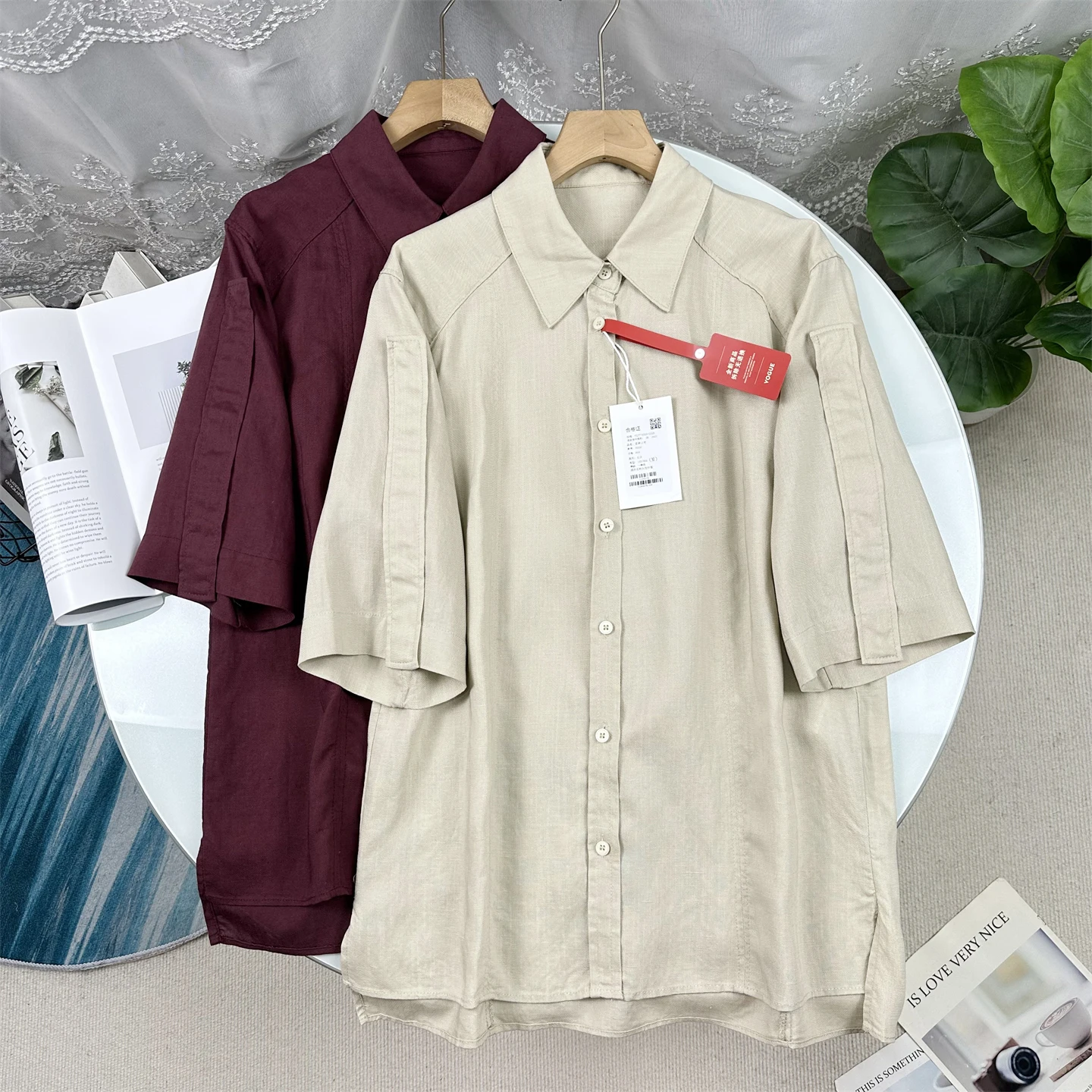 

Stylish Loose Linen Shirt Women's Fashionable Versatile Turn-down Collar Casual Style Short Sleeve Top G790 100% Linen