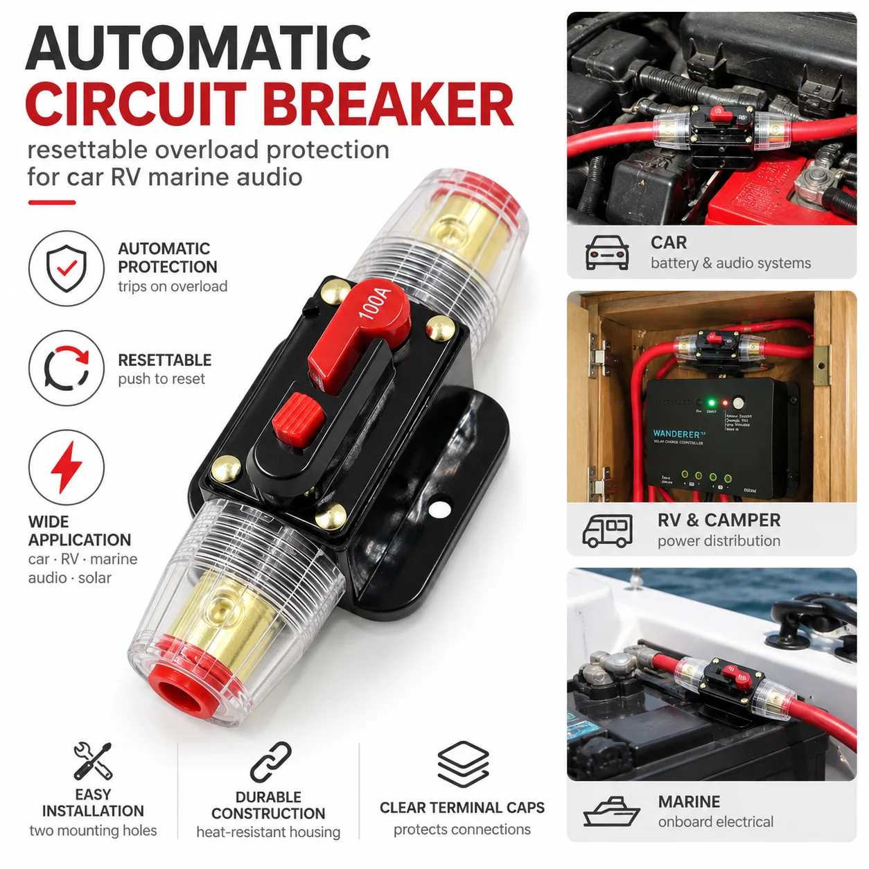 12V-24V Truck Resettable Car 30A 40A 50A 60A 80A 100A Short Fuse Audio Camping Accessories Equipment Battery Disconnect Mass