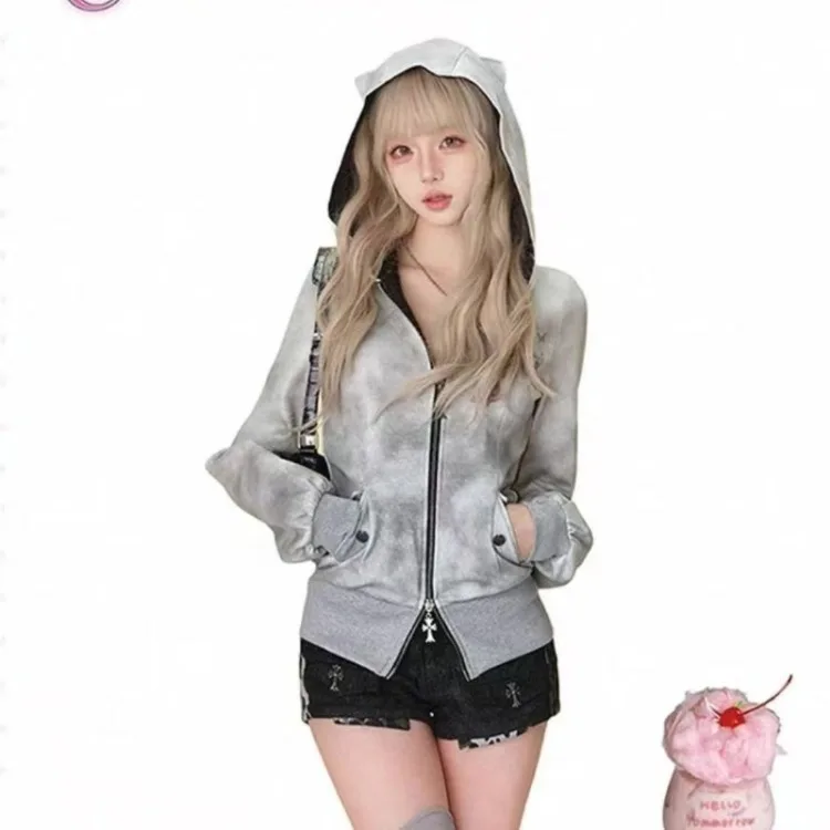 

Y2K толстовка на молнии с воротником и капюшоном, сексуальная женская толстовка в стиле Харадзюку, готический буквенный графический принт, тонкое пальто, зимняя одежда, куртка