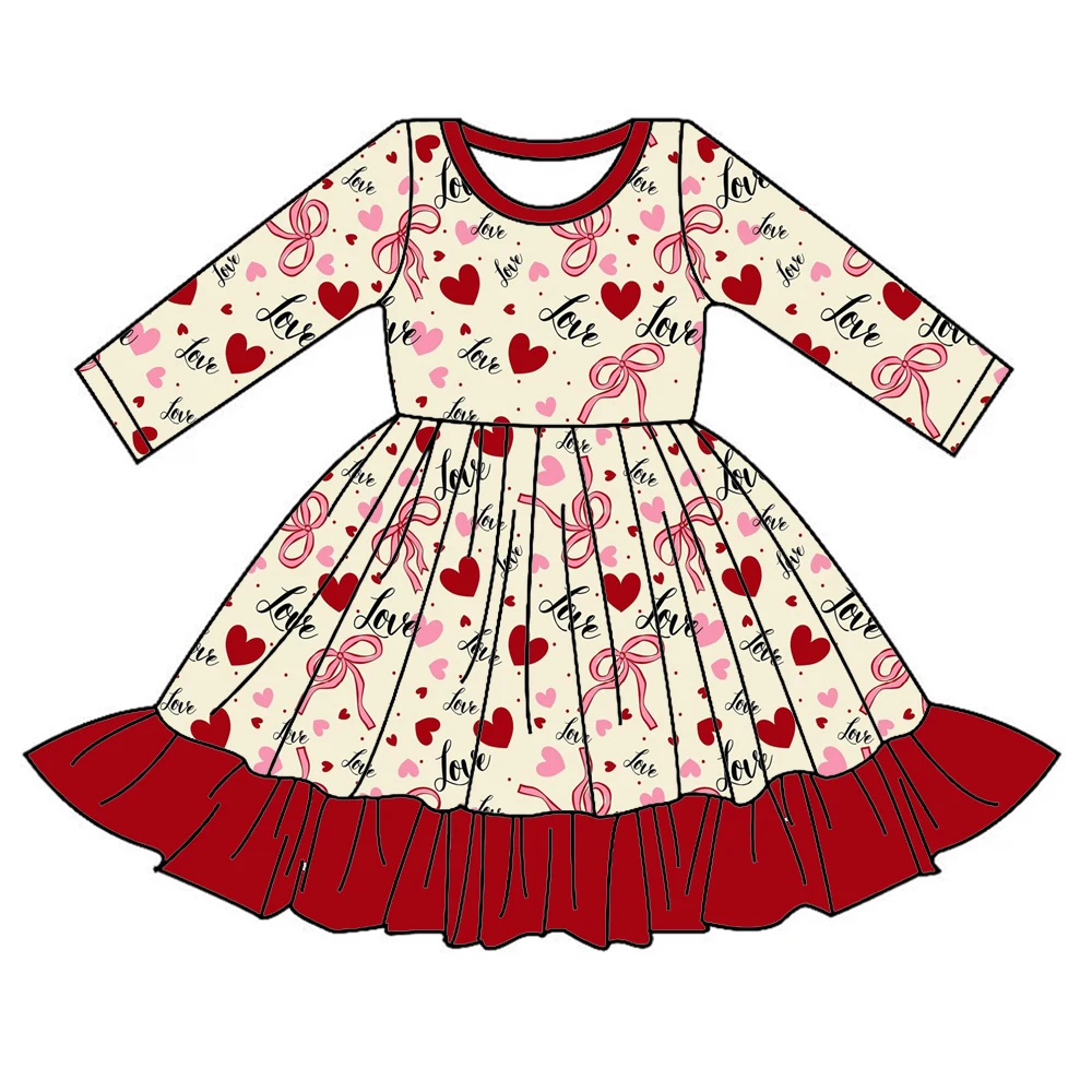 Valentine's Day premium children's set heart-shaped bow letter printed long-sleeved girl dress baby clothing