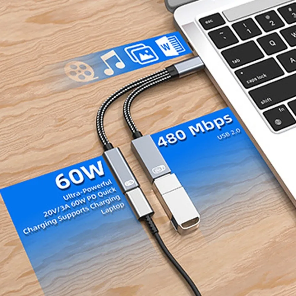 PD60W 2 in 1 Type-C To USB OTG Adapter Converter Multifunction 2-in-1 USB C To Audio Cable Fast Charging Durable