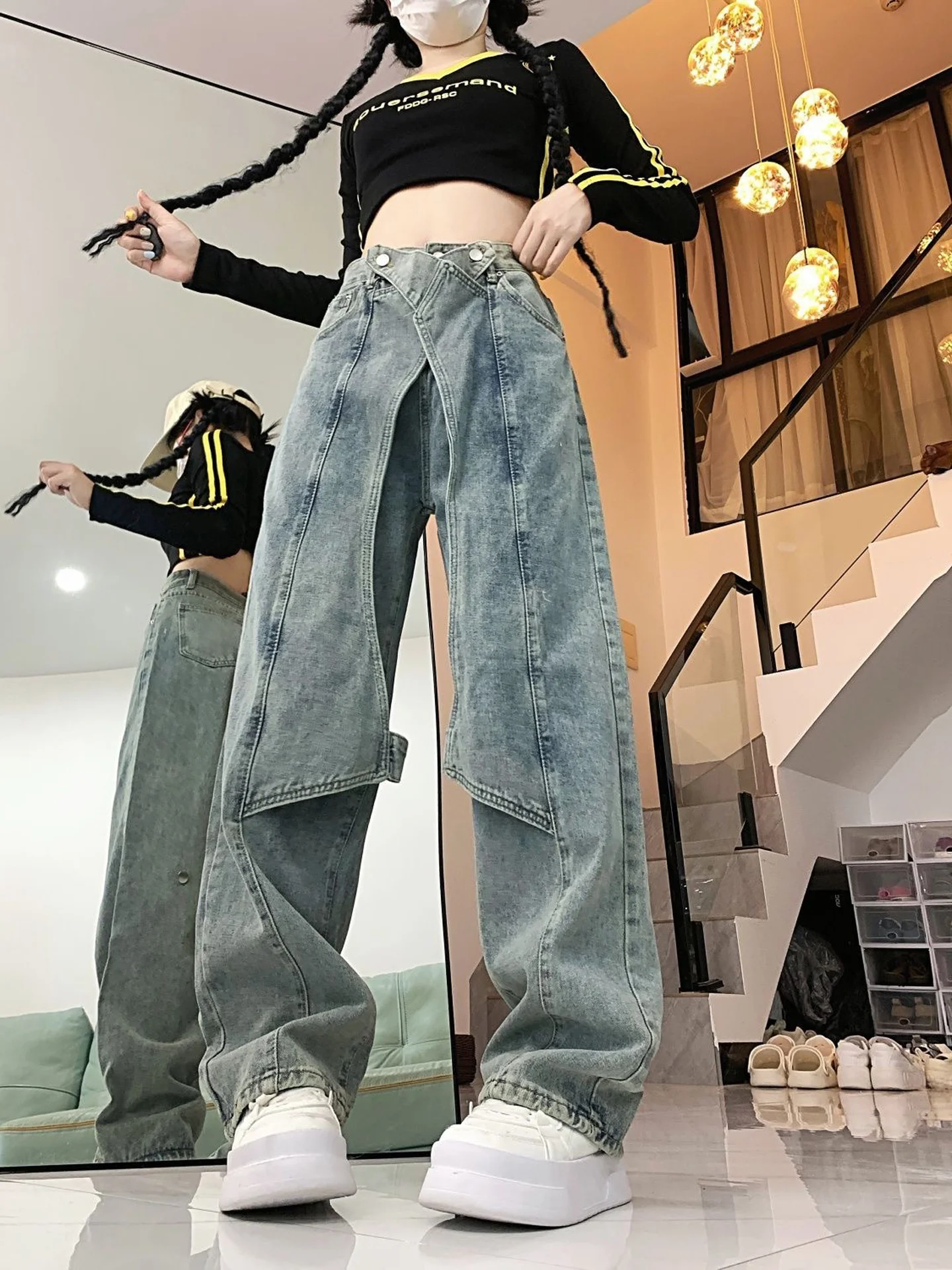 American Style Streetwear Denim Jeans Women's Autumn New Design Loose Wide Leg Slim Straight Pants Personalized Patchwork Dec...