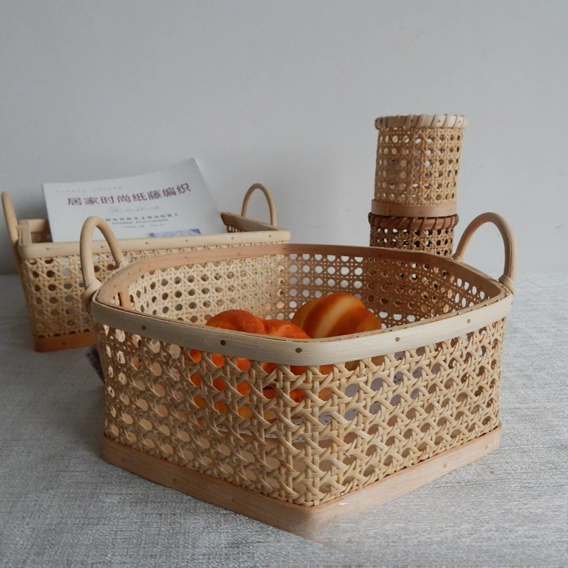 

Ins Hexagonal Rattan Woven Kitchen Storage Basket with Nordic Handle Bohemian Handmade Woven Bread Living Room Organization