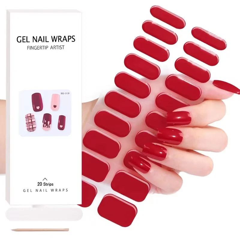 Pure Kleur Semi-Uitgeharde Gel Nagelstickers 20Tips Uv/Led Baklamp Gel Nagellak Wraps Glitter Volledige Cover Gel Sticker Manicure