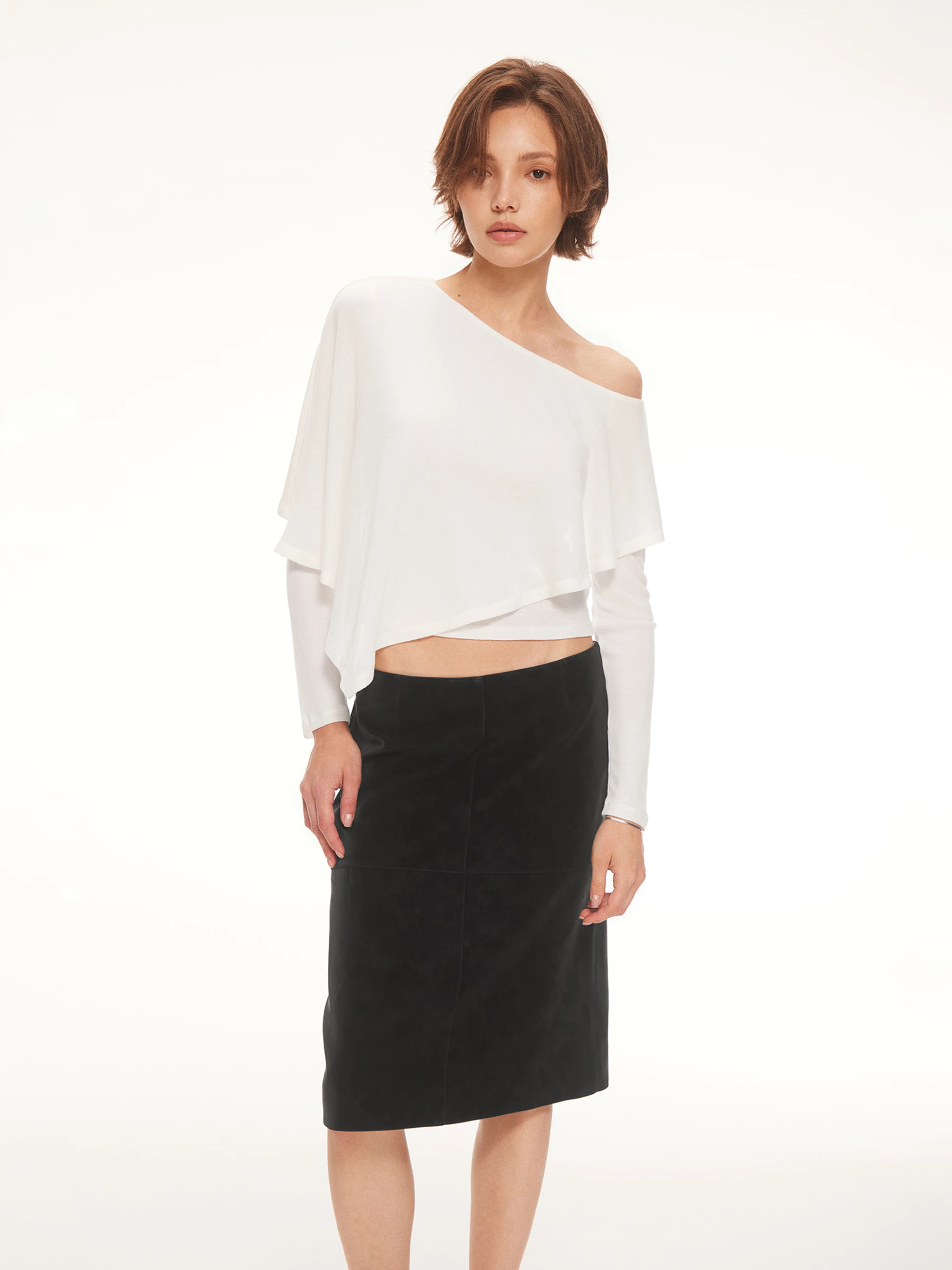 AHNKANK Autumn New Wool Blend Asymmetrical Shoulder Cloak Shoulder Length Sleeve Slim Fit Long Sleeve T Shirt Women