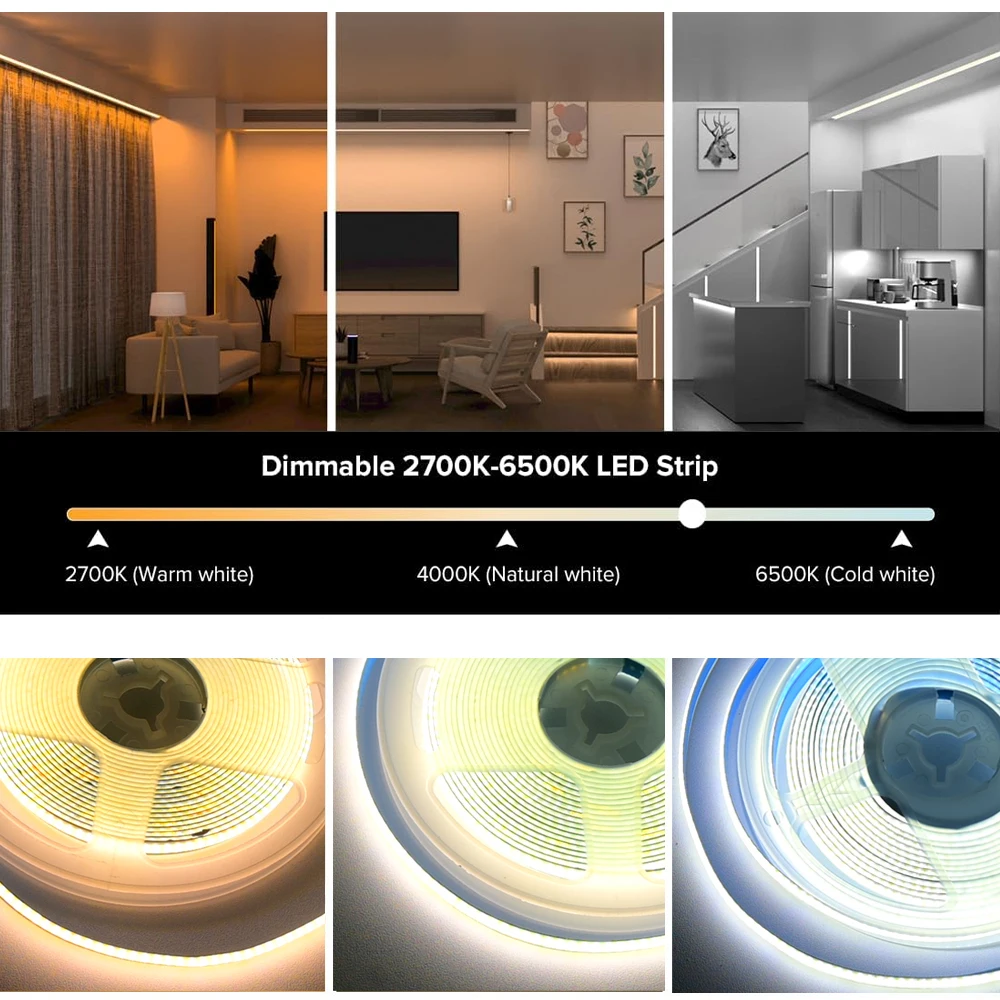 RF Remote Control 12V COB CCT LED Strip 1m 2m 3m 5m 10m Dimmable Flexible Dual White Cabinet Desk Room Light Decor 2700-6500K