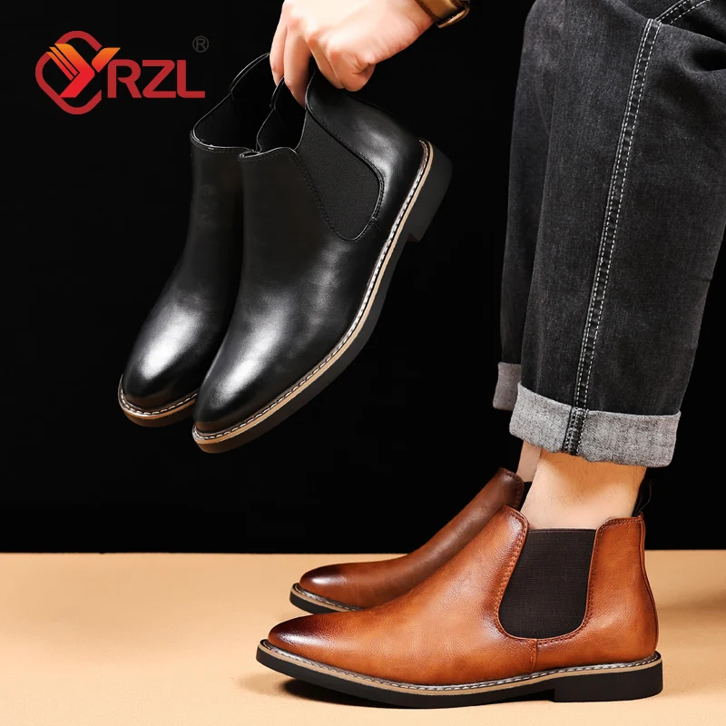 YRZL Men Boots 39~47 Chelsea Boots Brand Retro Comfortable PU Leather Waterproof Ankle Boots 2024 Fashion Black Brown Mens Boot