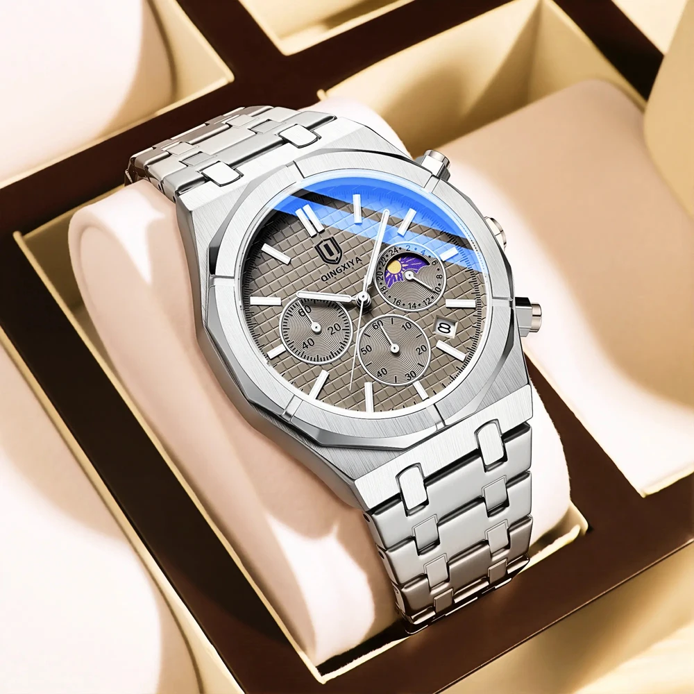 

QINGXIYA Роскошные кварцевые часы с хронографом, мужские спортивные военные часы, водонепроницаемые мужские часы из нержавеющей стали со светящейся датой, Reloj