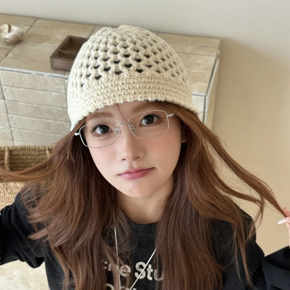 

Casual Bohemian Style Knitted Beanies Hat Thin Korean Crochet Pullover Hat Hollow Out Breathable Weave Cap Outdoor