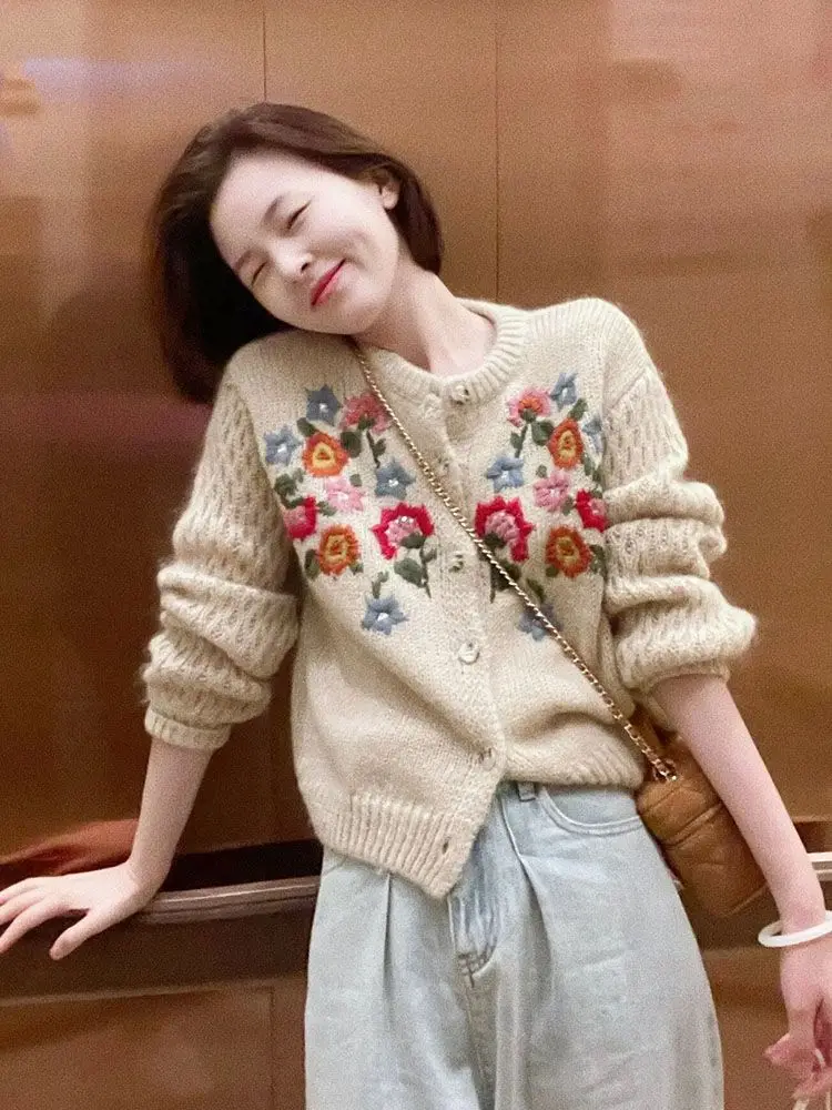 Kimotimo Embroidery Flower Knitted Sweater Coat Women Autumn Winter Vintage Long Sleeve Cropped Cardigan Harajuku Chic Knitwear