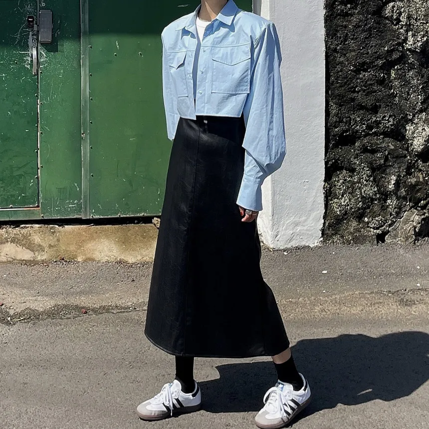 레트로 하이웨이스트 PU 가죽 스커트 여성용 미디 길이 비대칭 밑단 슬림핏 엘레 블라 스커트 모든 연령대용