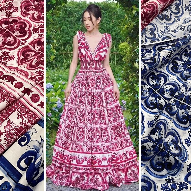 Fashion Brand Runway Summer Clothing Pure Cotton Printed Fabric Women's Dress Chinoiserie Blue and White Pottery Pattern Fabric