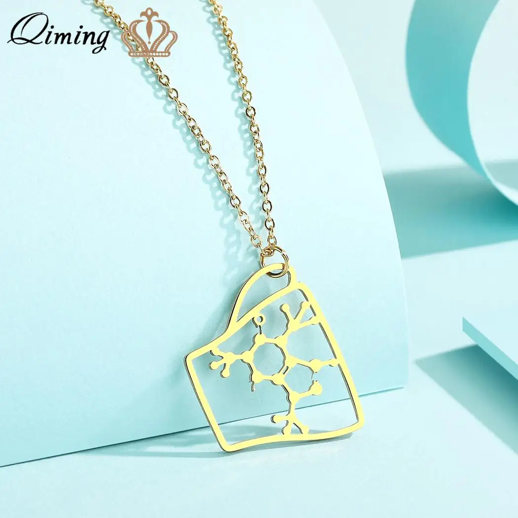 QIMING Stainless Steel Caffeine Molecule Necklace Women Men Vintage Science Coffee Cup Chemistry Jewelry