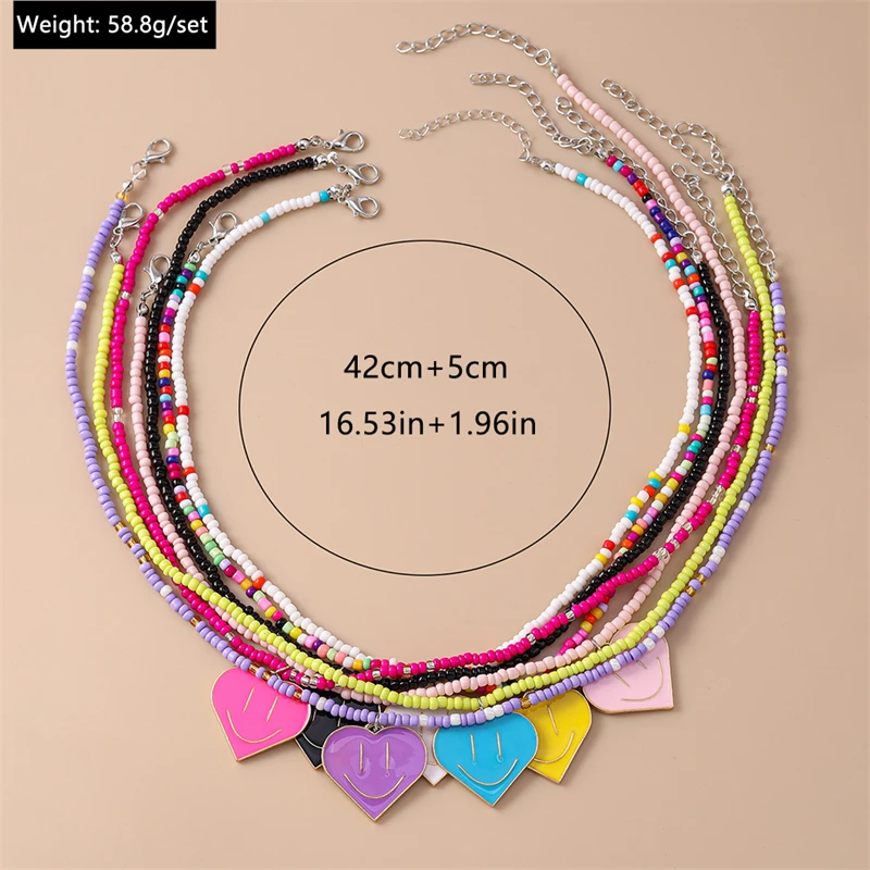 7Pcs/Set Fashion Handmade Beads Necklaces for Women Colorful Smile Face Heart Pendant Necklace Girls Party Festival Jewelry Gift