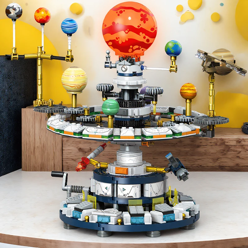 

Межзвездная солнечная система, строительные блоки в сборе, вращающиеся планеты с ручным управлением, научные и образовательные строительные блоки, креативная серия, космический девятидорочный инструмент Universe, настольное украшение