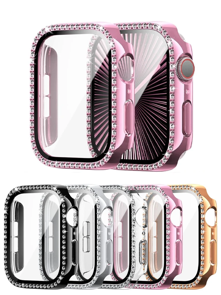 Diamantgehäuse für Apple Watch Serie 10, 9, 8, 7, 6, 5 SE 46 mm, 42 mm, 44 mm-40-41-45 mm, gehärtetes Glas, Stoßstange, Displayschutzfolie, Zubehör