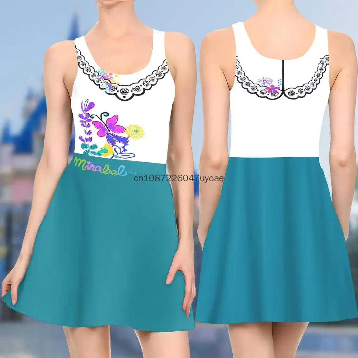 Disney Mirabel sukienka typu Skater dla kobiet plażowe sukienki bez rękawów 2025 nowa letnia moda codzienna chusta seksowna odzież nadmorska Top
