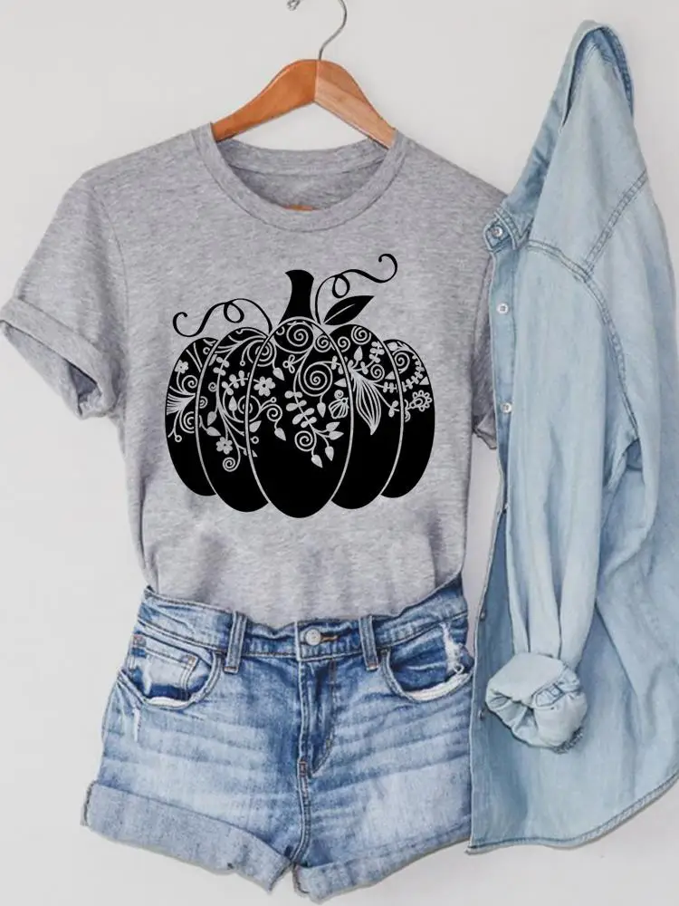 

Женская футболка на Хэллоуин, осенняя одежда с круглым вырезом, топ с принтом в виде цветка и тыквы в стиле тренда на День Благодарения, футболка с графическим рисунком
