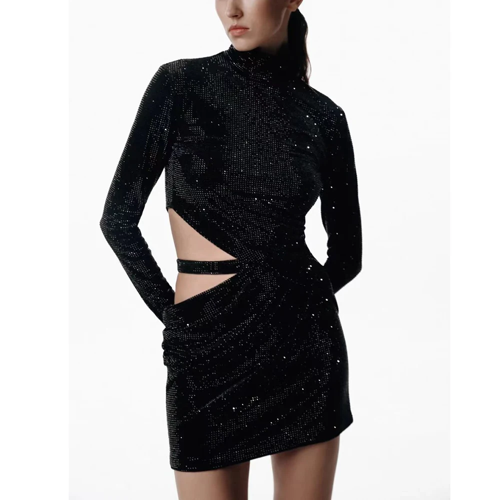 High Quality Velvet Women Dress Y2k Hot Drilling Sexy Waistless Elegant High Neck Long Sleeve Dresses 2024 Fall & Winter New