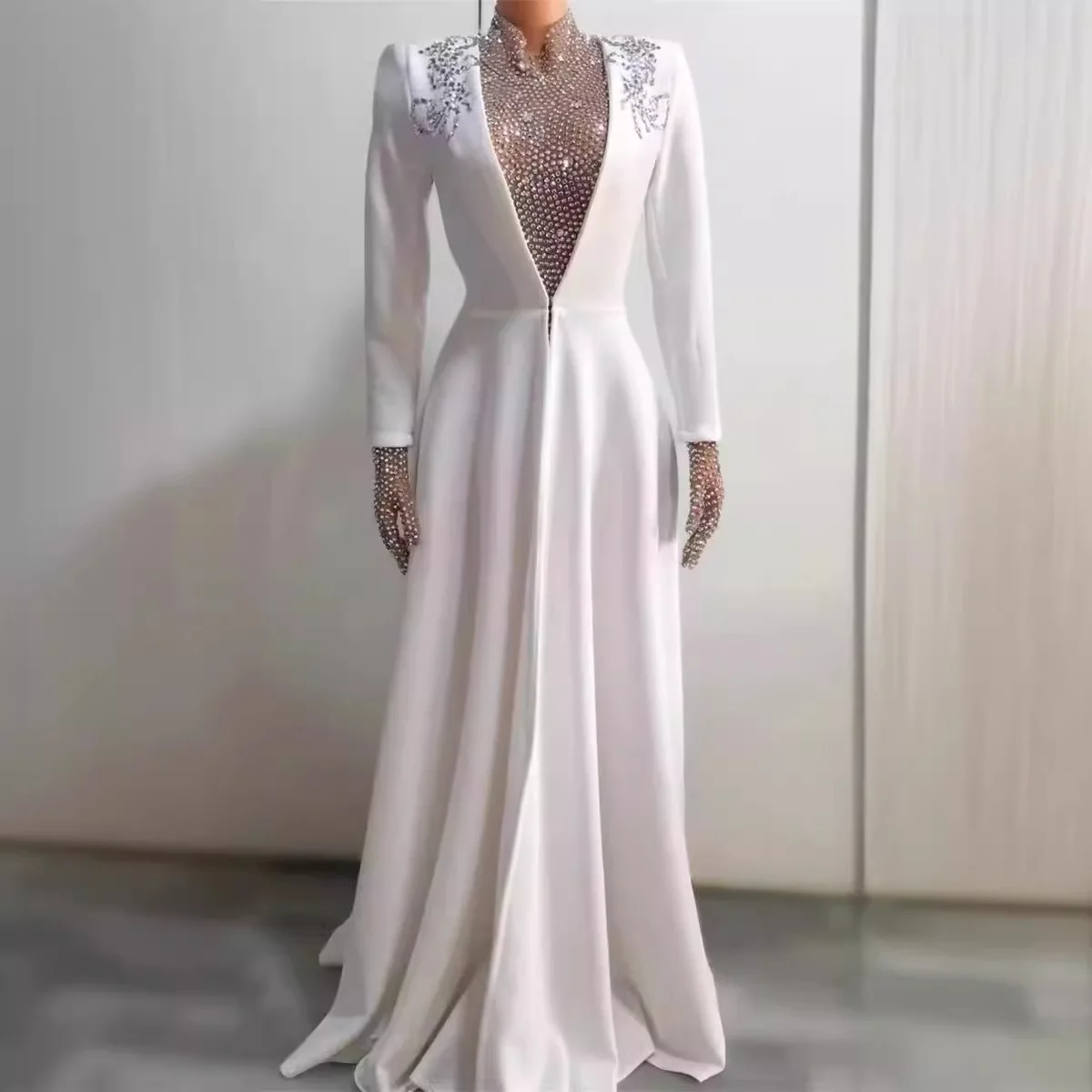 우아한 크리스탈 공주 웨딩 드레스 화이트 반짝이 웨딩 파티 투피스 긴 소매 Vestidos De Mujer Elegantes Para Fiesta