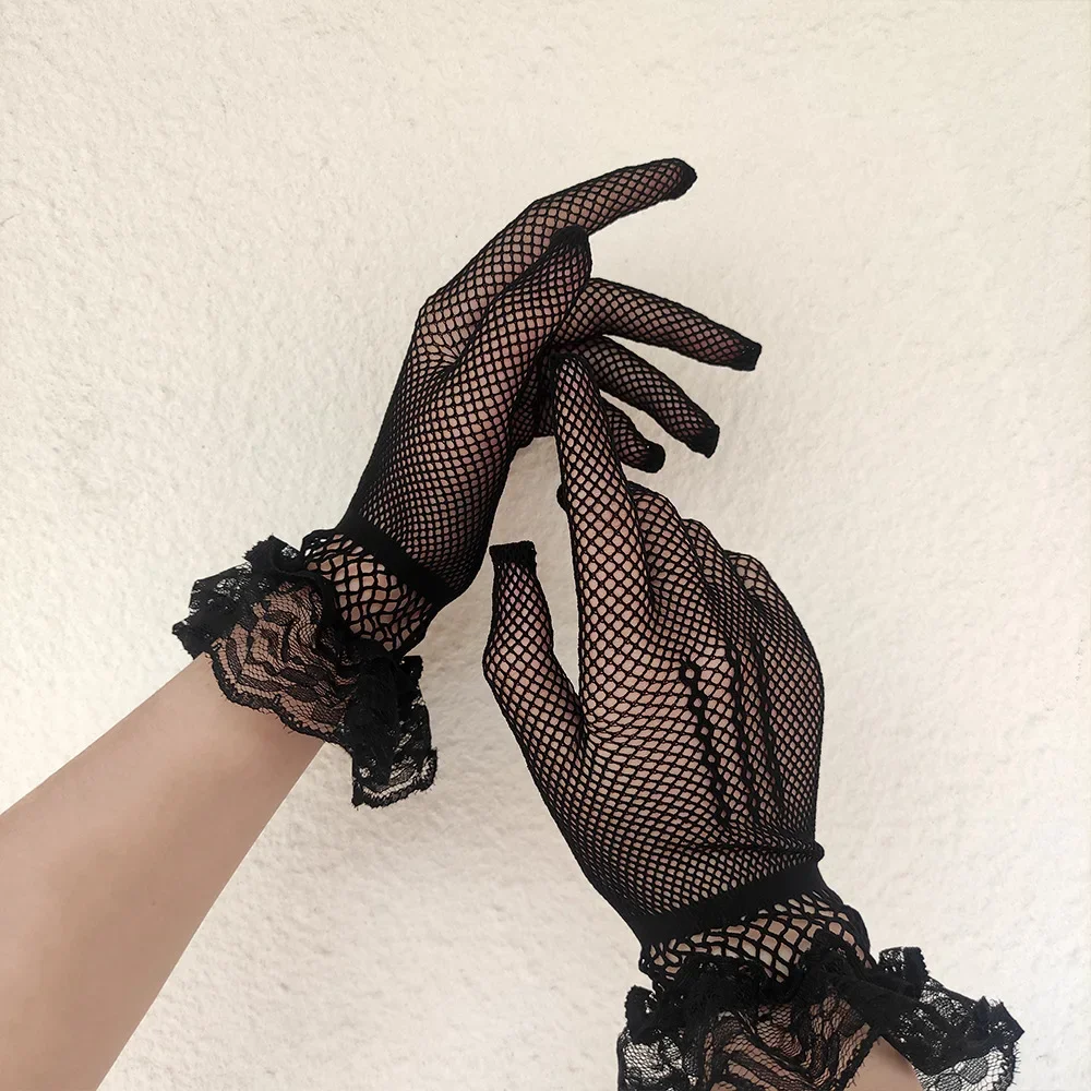 Girls Lolita Lace Hollow Out Gloves Women Ceremony Etiquette Mesh Thin Mittens Gothic Punk Sexy Glove Black White Soft Elastic