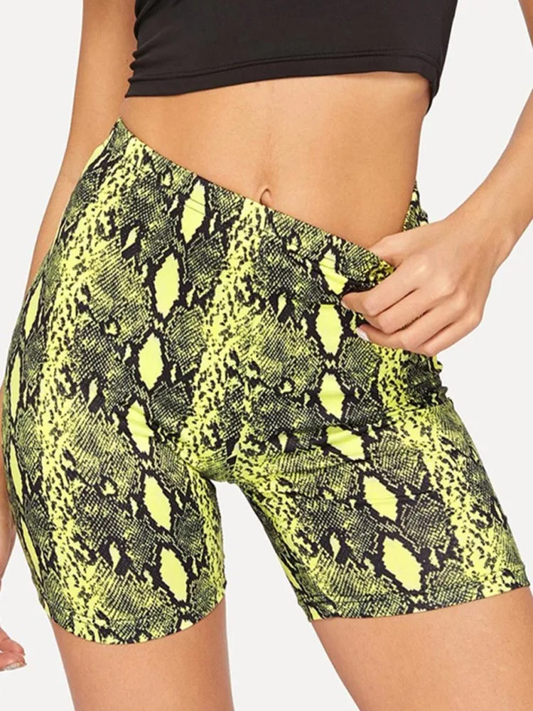 Pantalones cortos estampados de cintura alta para mujer, shorts con estampado de serpiente, con cintura elástica, verano