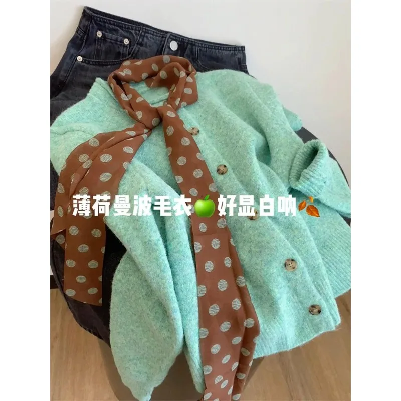 

Мятно-зеленый многослойный свитер, женский корейский супер красивый вязаный кардиган 2025 года, оригинальный тонкий новый стиль взрыва