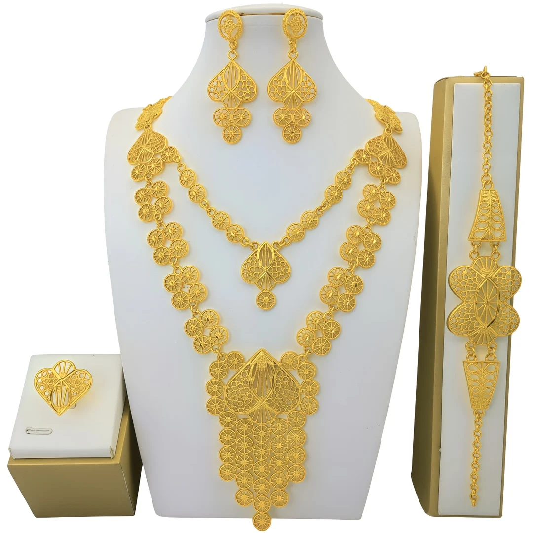 

New EU Dubai Fashion 24K Gold Plated Necklace Earrings Rings Bracelets Exquisite Engagement Party Jewelry Set for Lovers