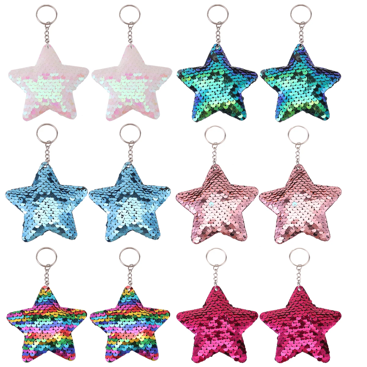 12pcs Flip Sequin Stars Keychains, Sparkling Key Rings For Boys & Girls, Decoration Wallet Bag Backpack Charms Party Favors