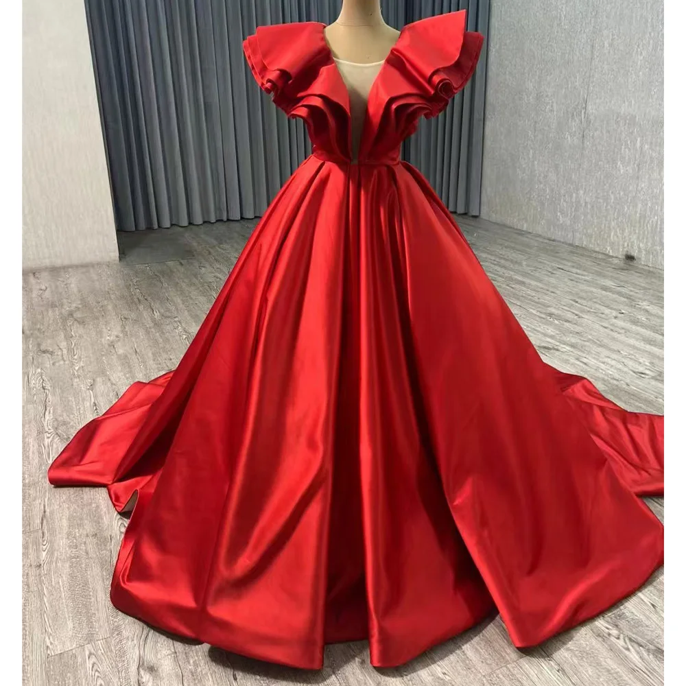 Red Deep V Neck Evening Dress Lace Up Back Women's Customizable A Line Satin Prom Gown
