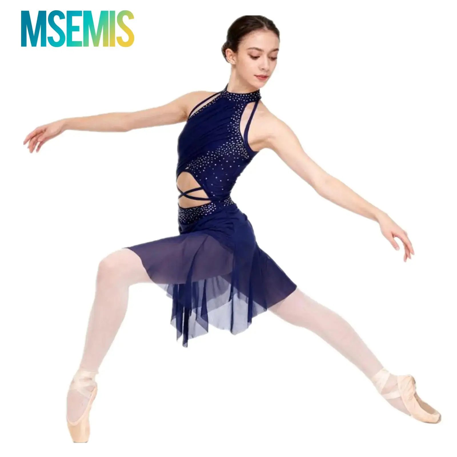Womens Glittery Rhinestone Gymnastics Ballet Jersey Lyrical Dance Performance Costume Sheer Mesh Overlay Dance Leotard Dress