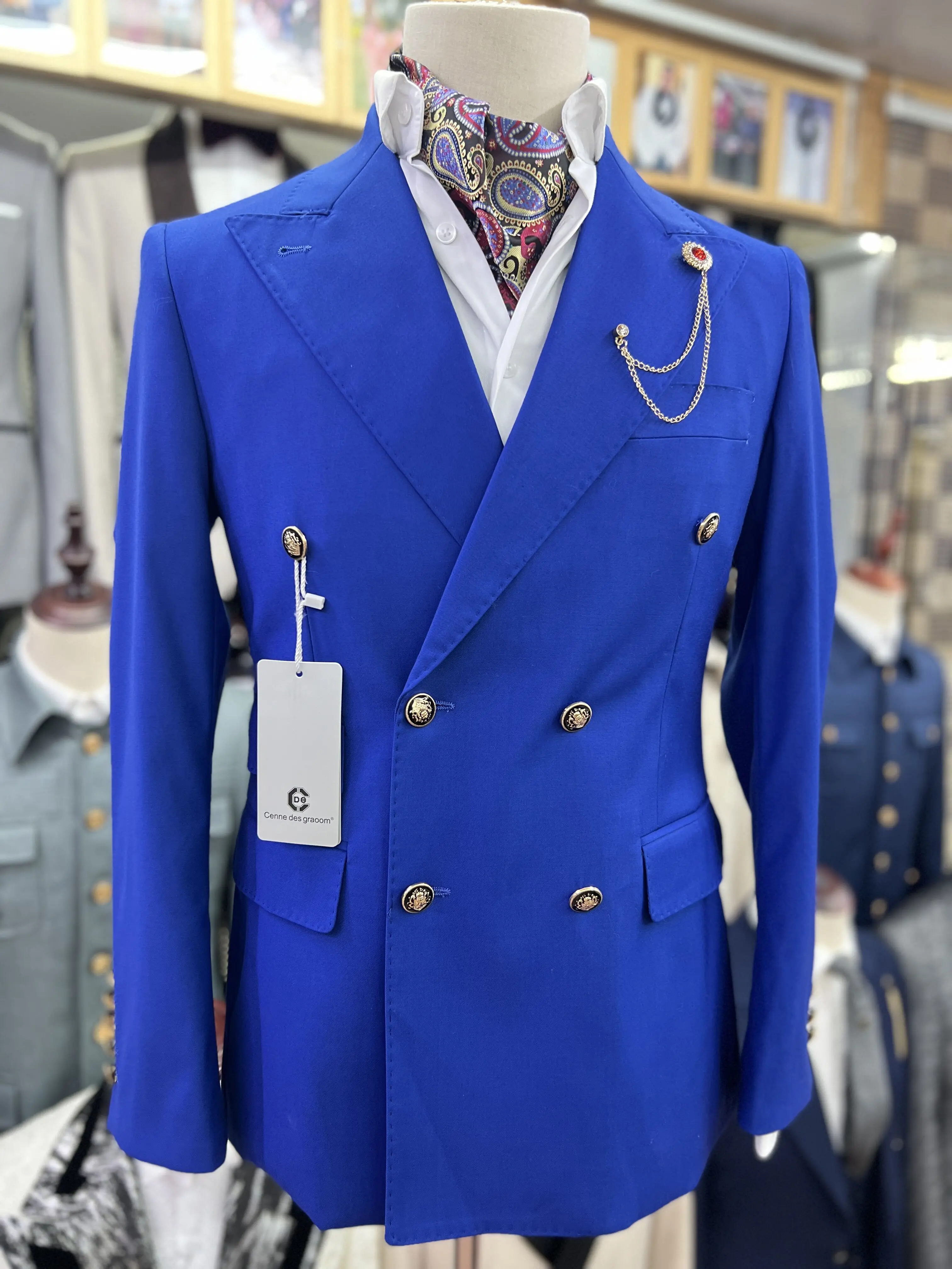 Cenne Des Graoom 2023 New Elegant Suits For Men Blue Double Breasted Two Pieces Set Slim Fit High Quality Wedding Party Costume