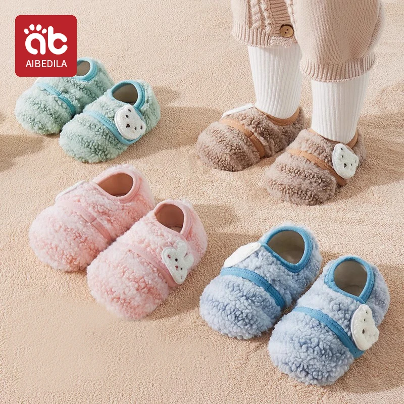 AIBEDILA Cartoon Baby Shoes Winter Thick Warm Newborn Shoes Non-slip Soled Soft Plush Toddler Kids Boy Girl Infant First Walkers