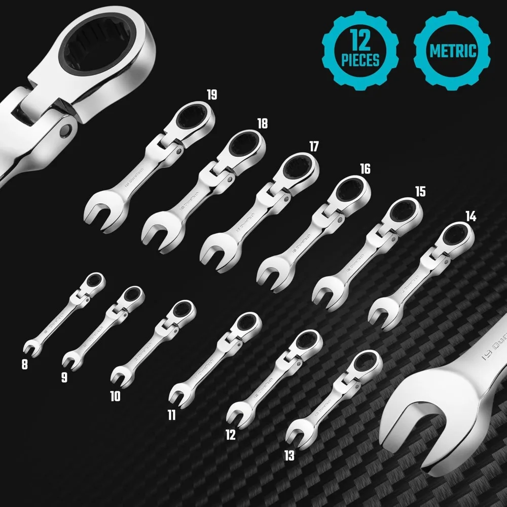 Stubby Flex-head Ratcheting Combination Wrench Set, Metric, 12-piece, 8-19mm, CR-V Steel, with Pouch