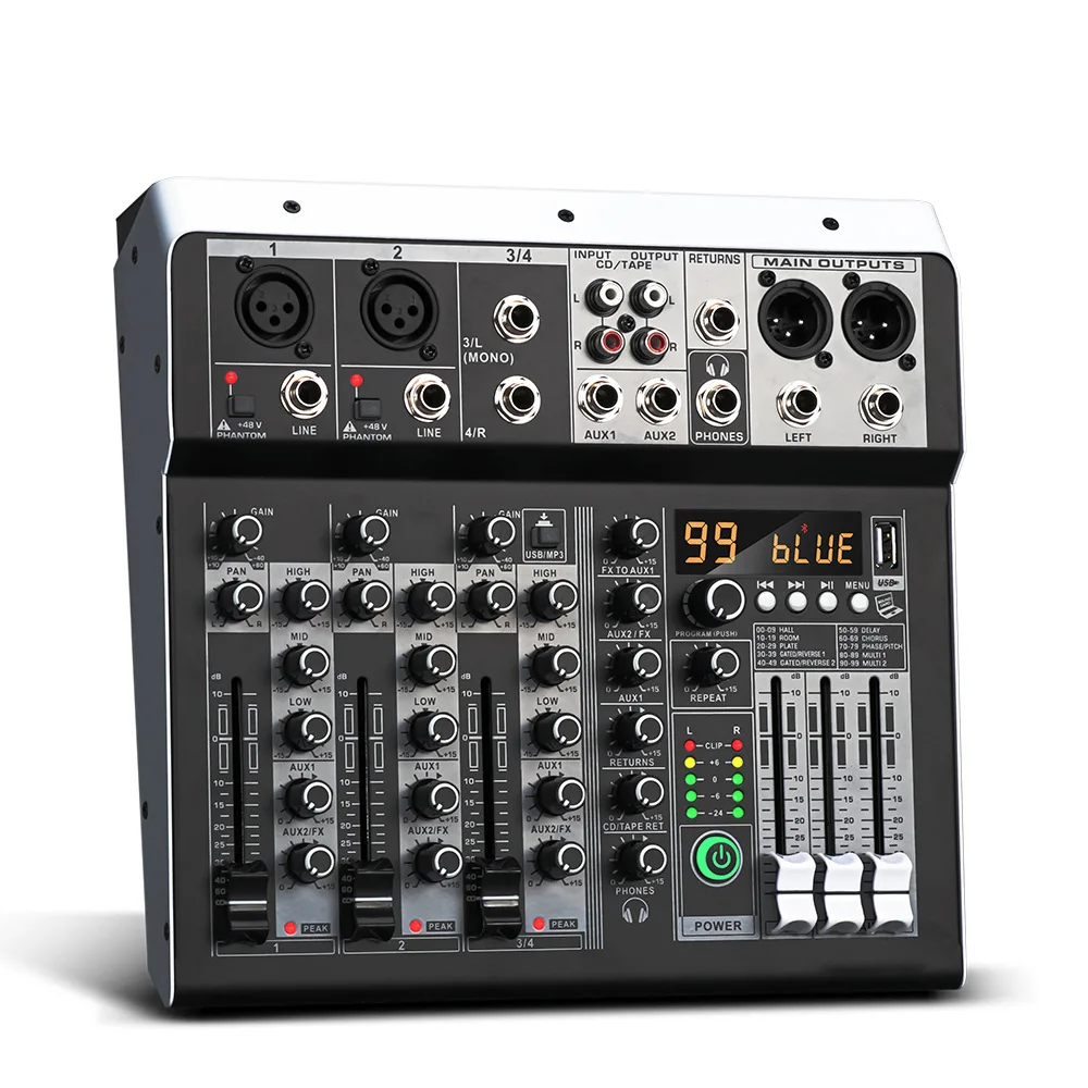 Professional 4-Way Mini Audio Mixer Bluetooth Sound Card Portable USB Audio Interface for Live Broadcast Stage Performance