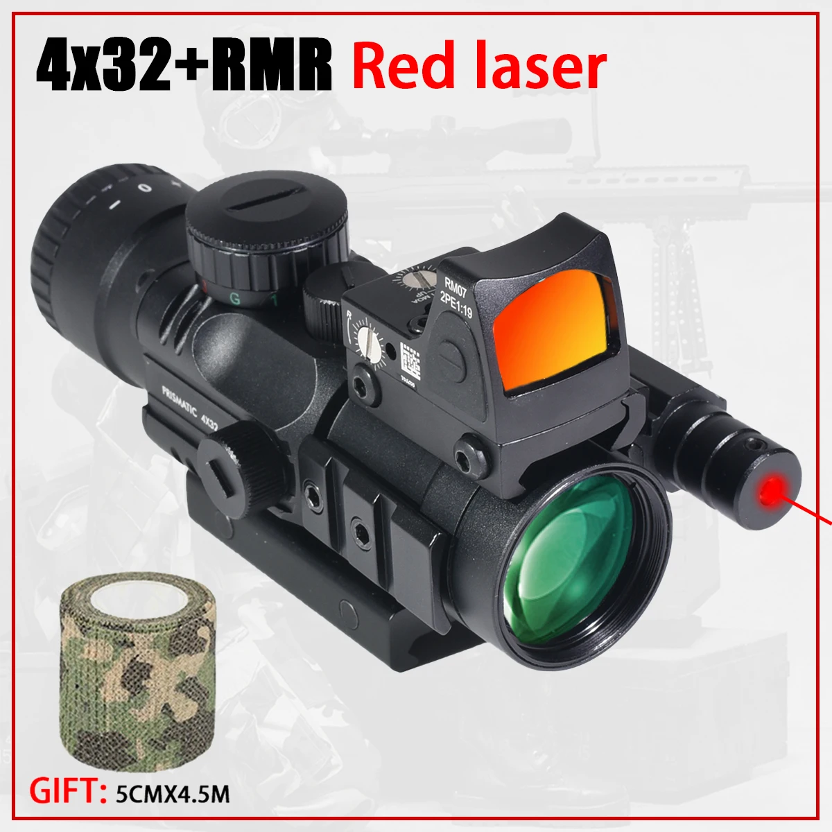 

Tactical 4X32 Scope RMR Red Dot Laser Combo Sight Tri-Illuminated for Airsoft / Hunting Rifle Scopes Fit 20-22mm Weaver Rail