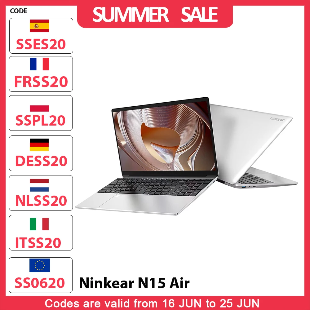 Laptop Ninkear N15 Air, schermo IPS da 15,6'' 1920*1080, Intel N95 4 core 3,4 GHz, SSD da 16 GB di RAM 512 GB, WiFi dual band Bluetooth 4.2