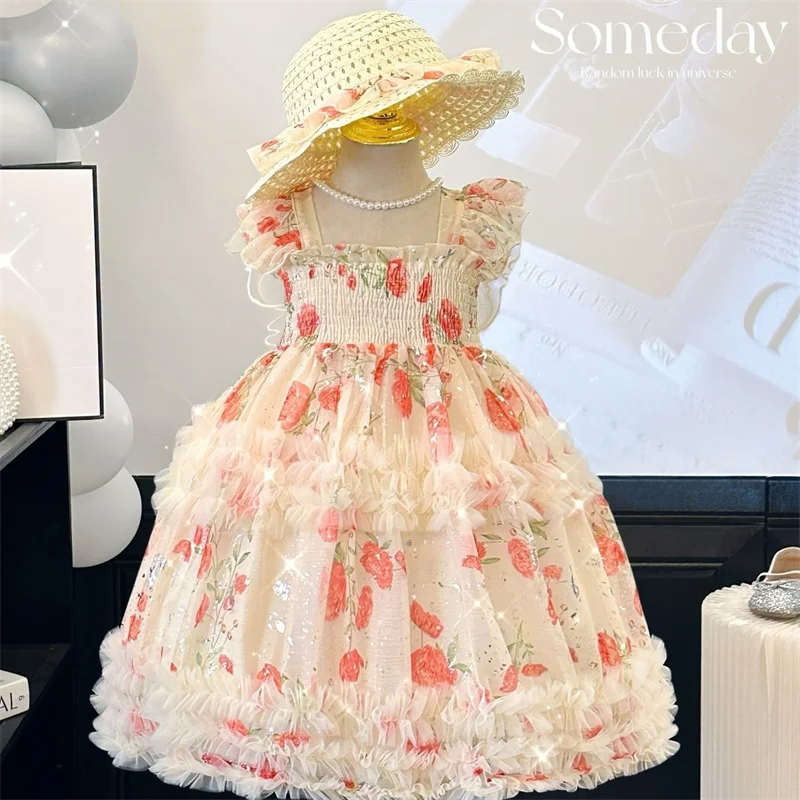 

2-8 Years Girls' Sling Mesh Dress Summer Baby Children's Puffy Tulle Vestidos Princess Casual Sleeveless Gown Fashion Clothing