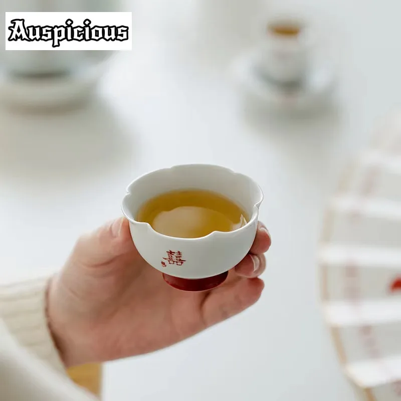 2pc/Set Matte White Ceramic Tea Cup Pure Handwriting Double Happiness High Foot Petal Cup Wedding Kung Fu Teaset Decoration 40ml