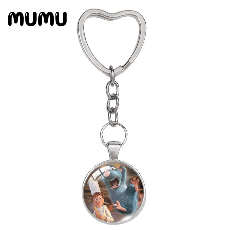 2024 New Ratatouille Rat Remy Heart Keyring Funny Keychain Glass Dome Cabochon Jewelry Gifts Children