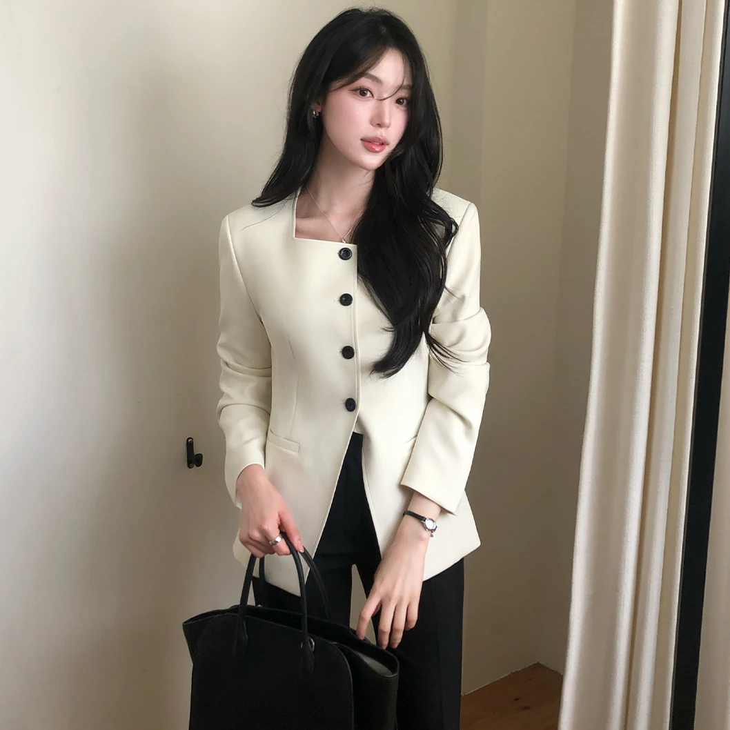 Elegant Slimming Waist Design Square Collar Single Button Casual Style Women's Top Outerwear Polyester Fiber Long Sleeve