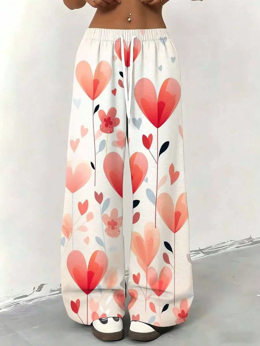 Women Wide Leg Pants Heart Floral Print Loose Comfortable Casual Trousers For Everyday Wear