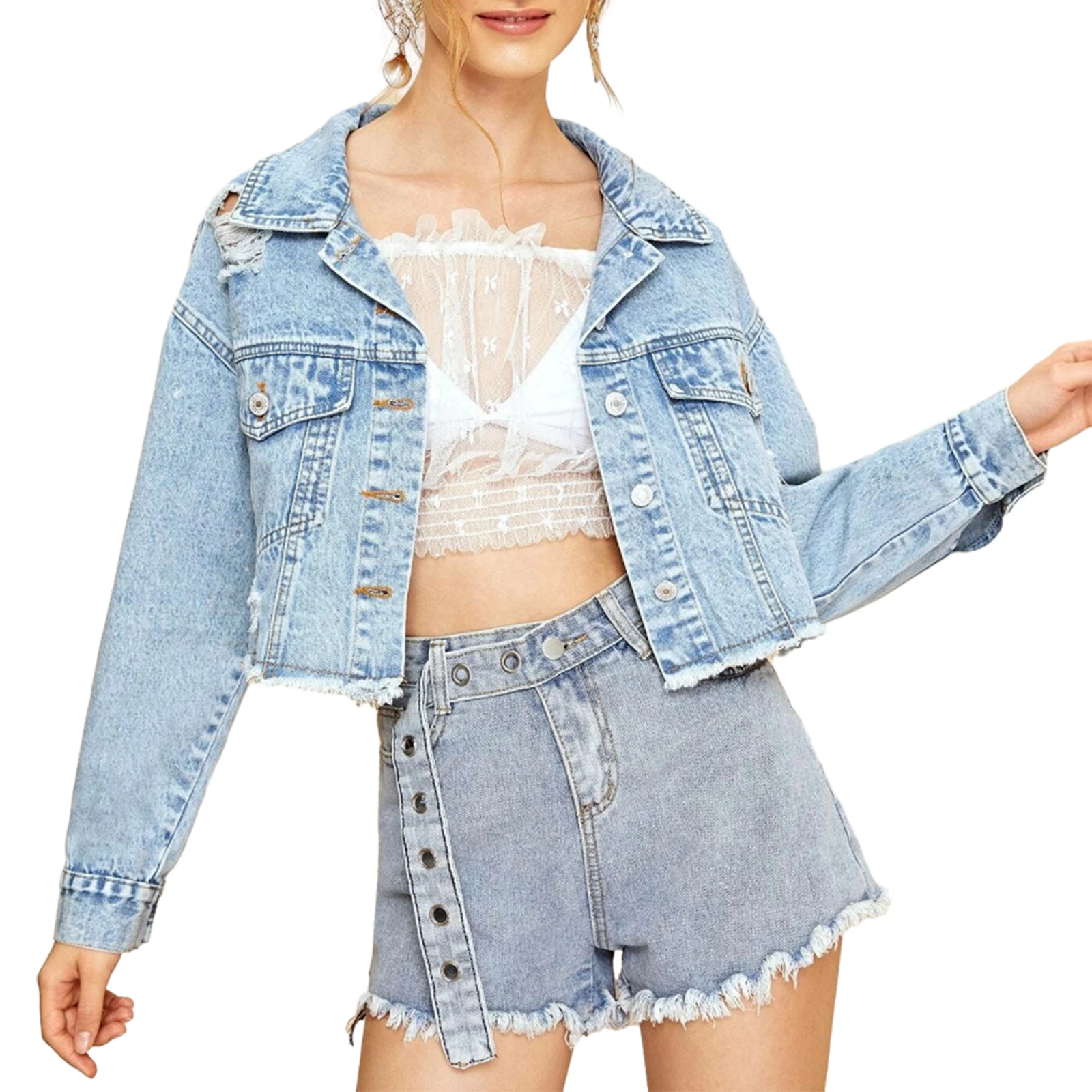 

Women's Spring Autumn Casual Denim Coats Long Sleeve Button Cropped Broken Jean Jackets with Tassels Streetwear Outfit