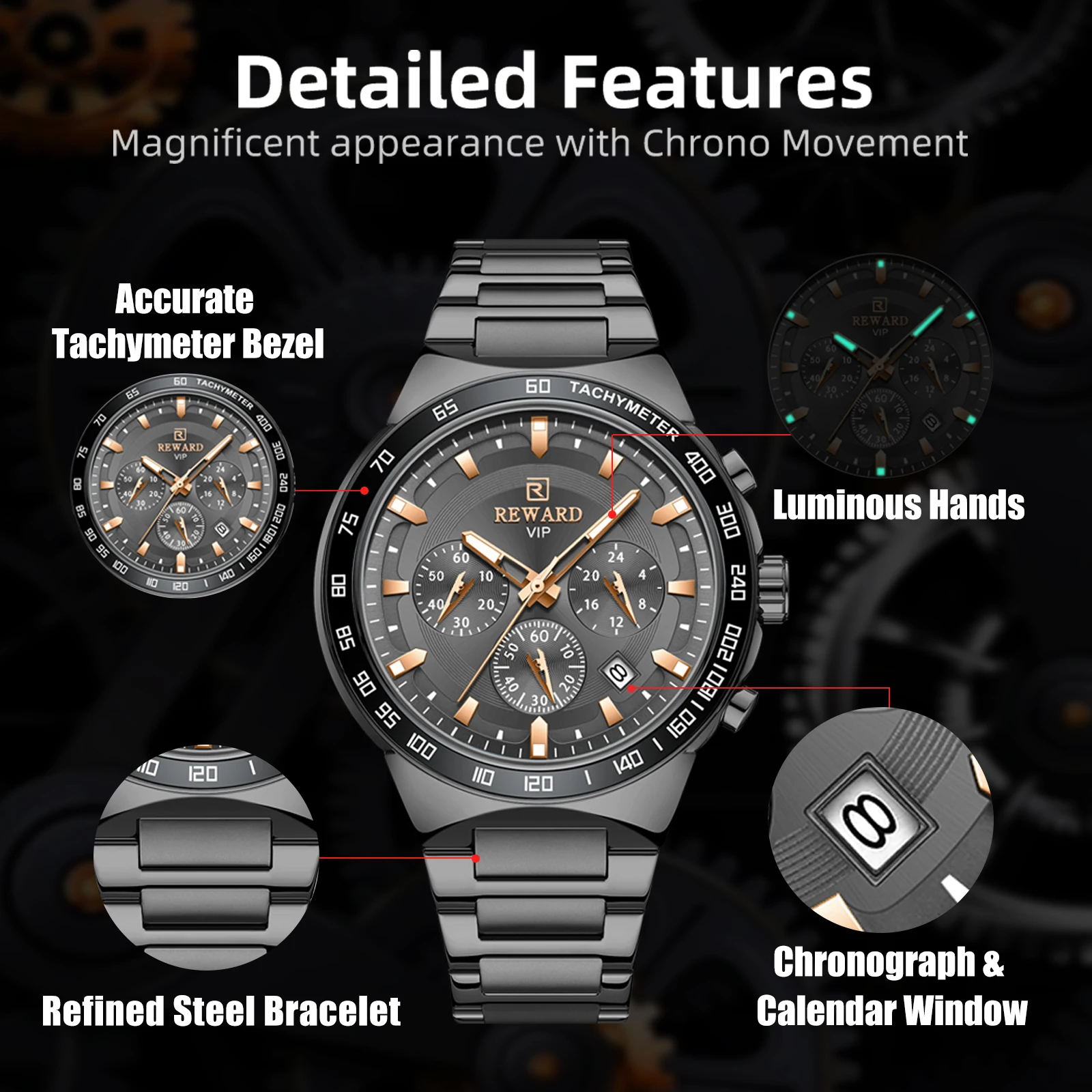 REWARD Men Watches Stainless Steel Wrist Watch Quartz Analog Waterproof Luminous Date Wrist Watch Luxury Casual Watch for Men