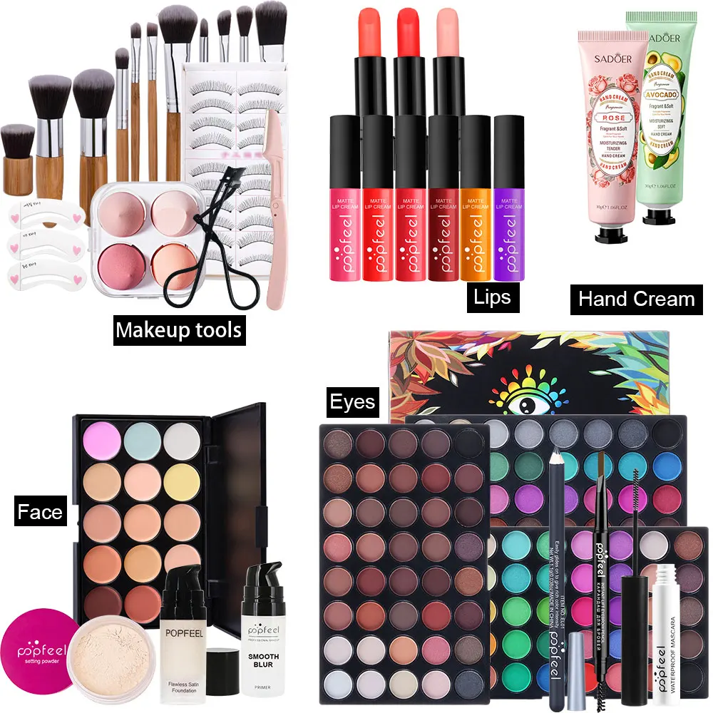 Zestaw do makeupu POPDEEL dla kobiet pełny zestaw, zestaw prezent świąteczny do makijażu All-in-one zawiera korektor do powiek puder do twarzy szminki