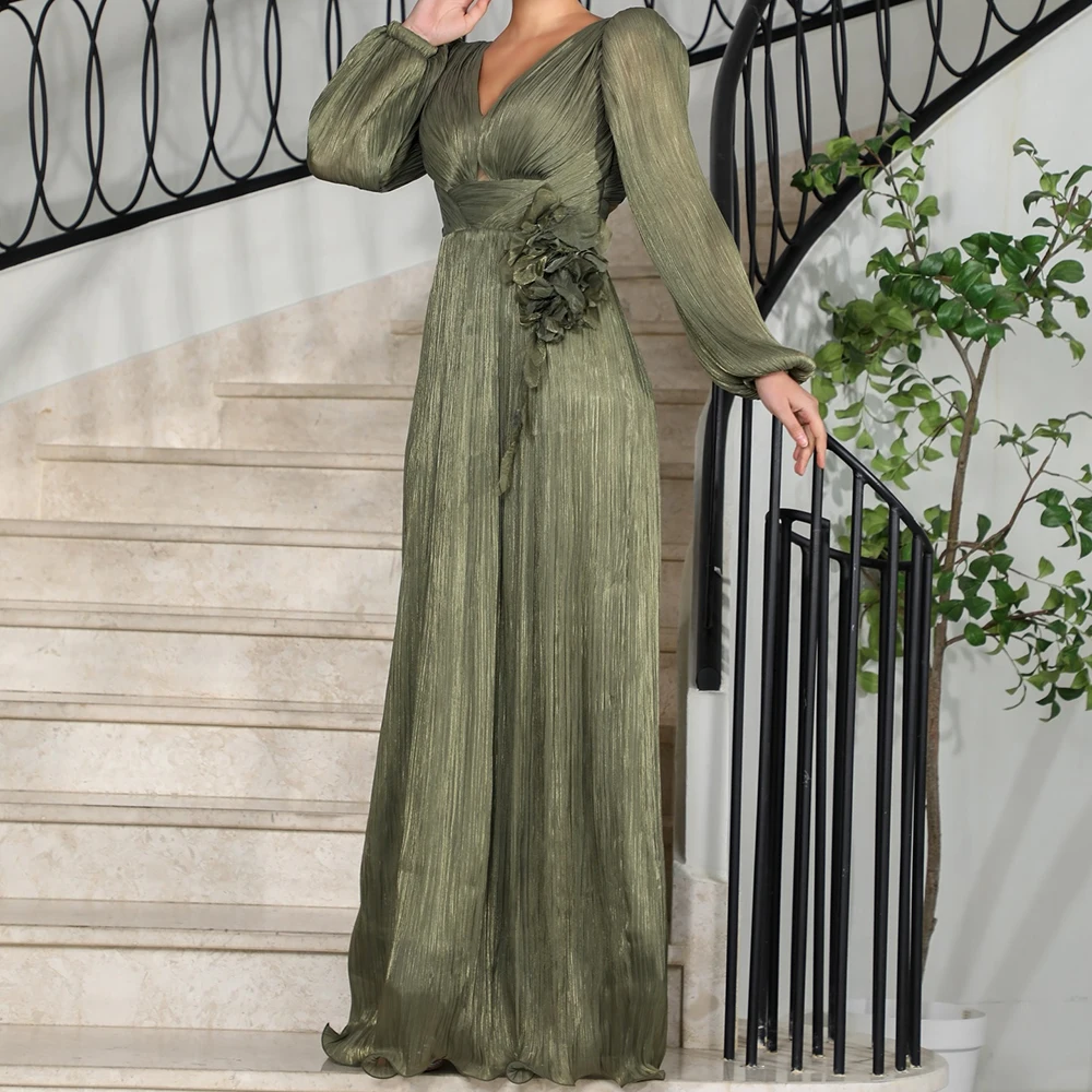 

Customized A-line Evening Dresses Floor-length V-neck Full Sleeve Prom Gown Fashion Flowers Simple Draped Casual Party Gown