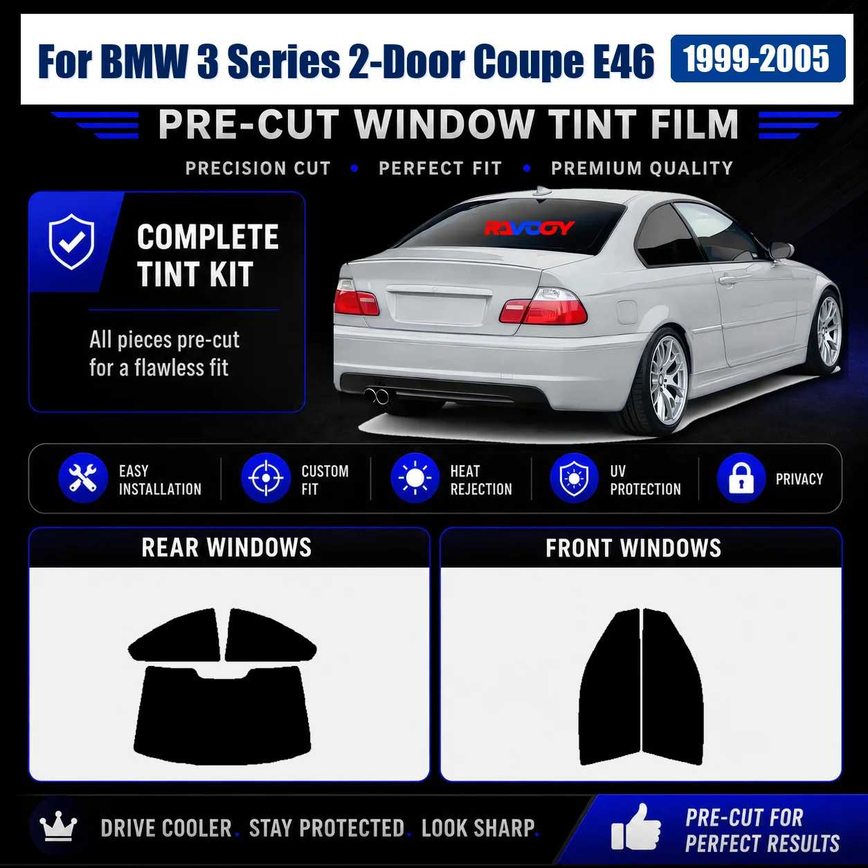 For BMW 3 Series 2-Door Coupe E46 1999-2005 Precut Front & Rear Window Sun Shade Film UV Heat Rejection