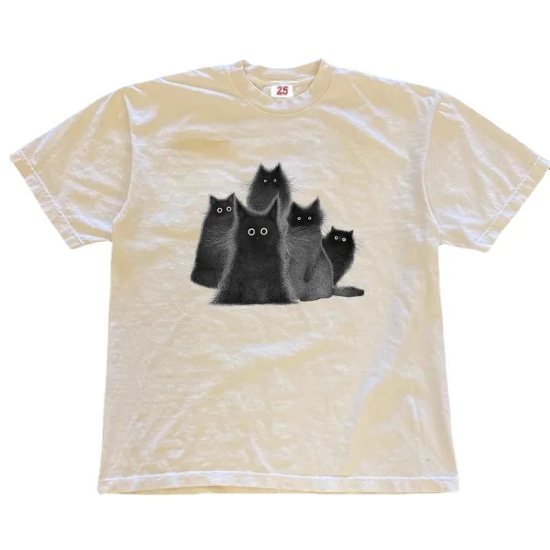 Camiseta de manga curta feminina com estampa fofa de gato, blusa casual solta, streetwear versátil, branco hip-hop, verão, Y2K, 2022